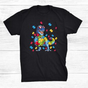 Autism Awareness Dinosaur T Rex Heart Puzzle Pieces Kid Cool Shirt