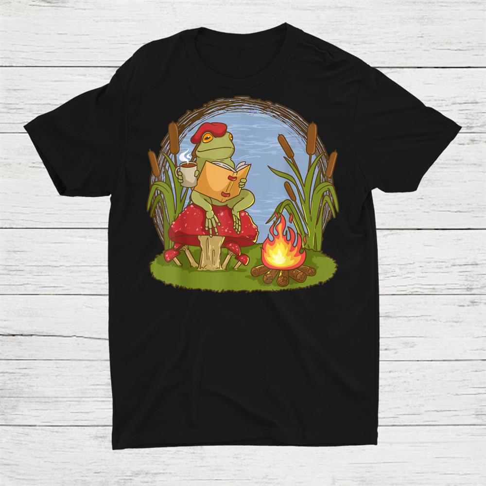 Cottagecore Frog Reading Drinking Tea Coffee Mushroom Comfy Shirt