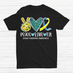 Peace Love Cure Blue And Yellow Ribbon Down Syndrome Awareness Shirt